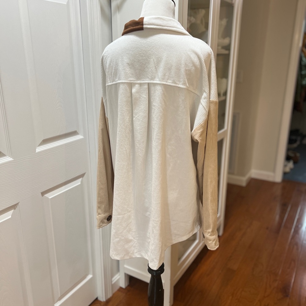 Colorblock Ribbed Button-Up Shacket - Brown, Cream & White - Picture 4 of 5